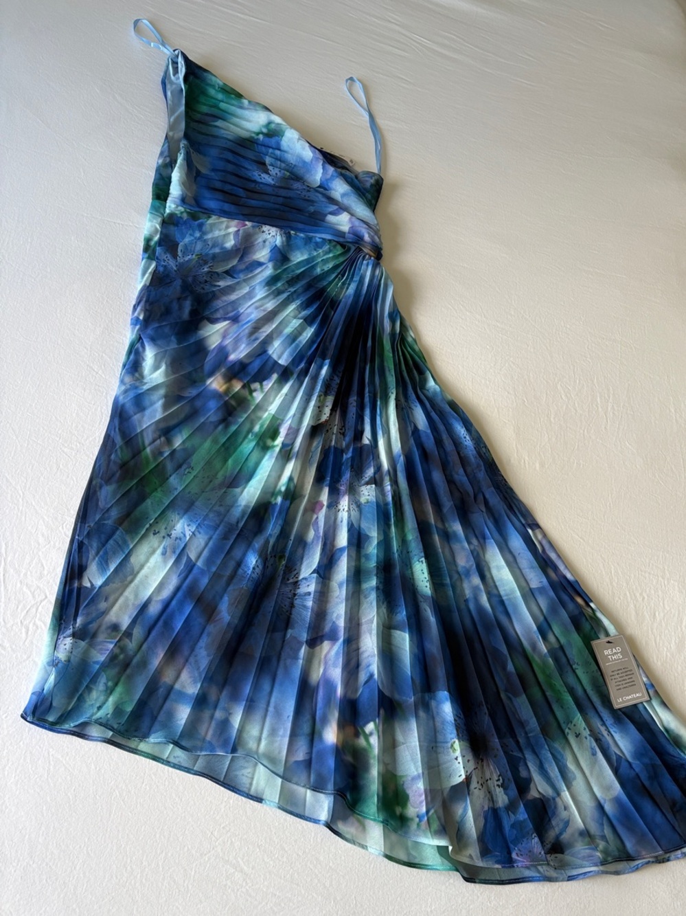 Blue Green Pleated One-Shoulder Dress
